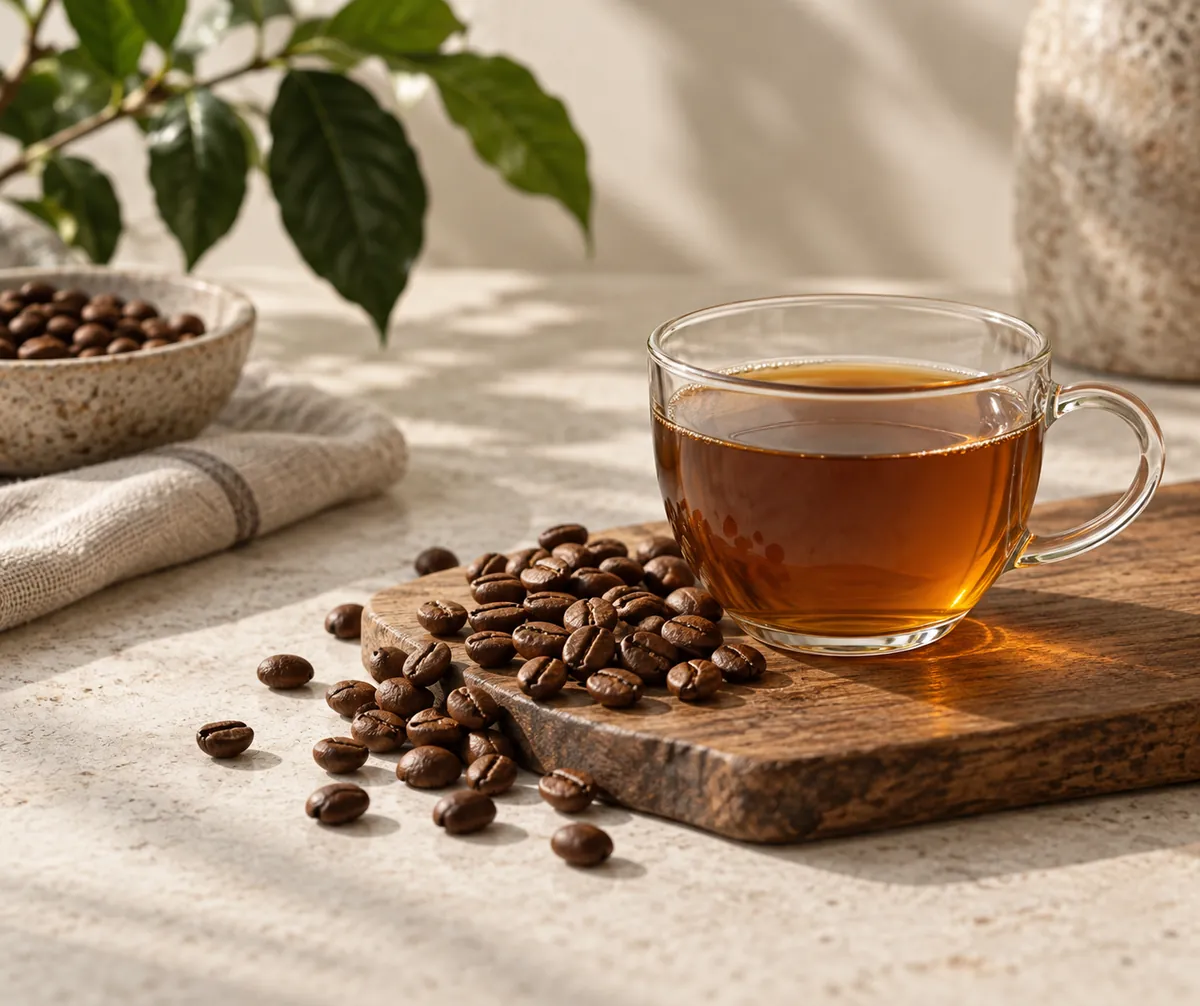 A handful of medium roasted arabica beans spilling across a wooden board beside a glass cup of pale amber coffee