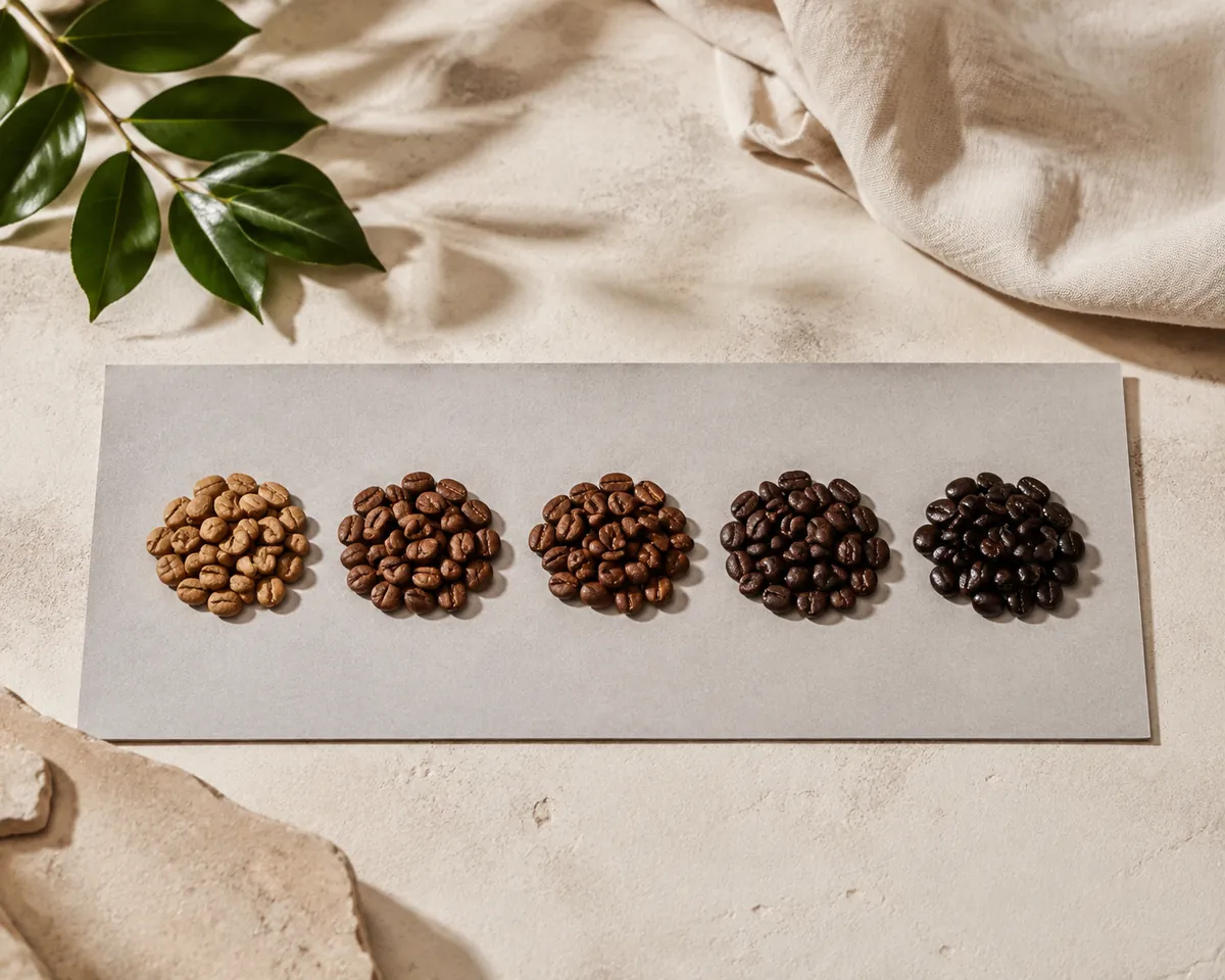 Five small heaps of roasted coffee beans in a row on a pale surface, from pale cinnamon brown on the left to almost black and oily on the right