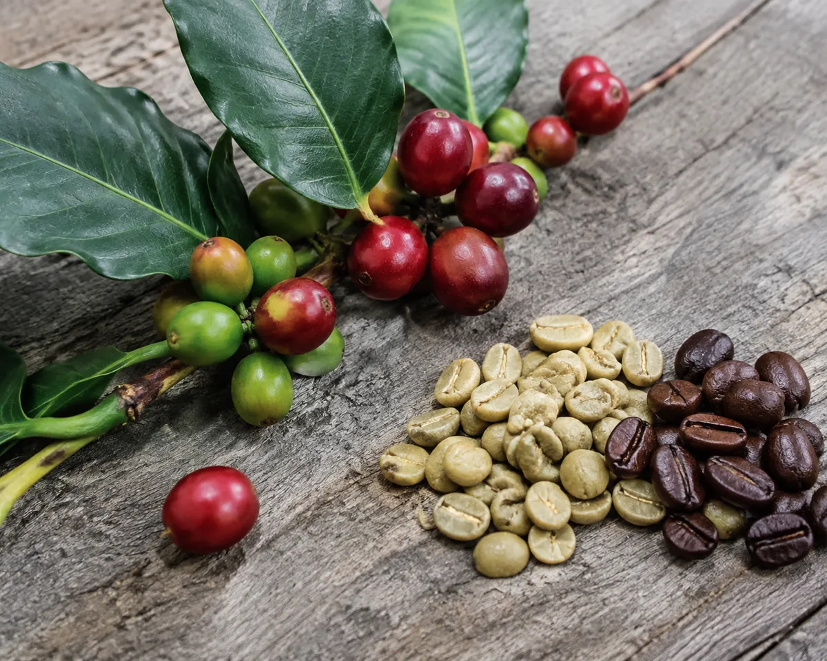 Green arabica coffee cherries on the branch beside roasted beans