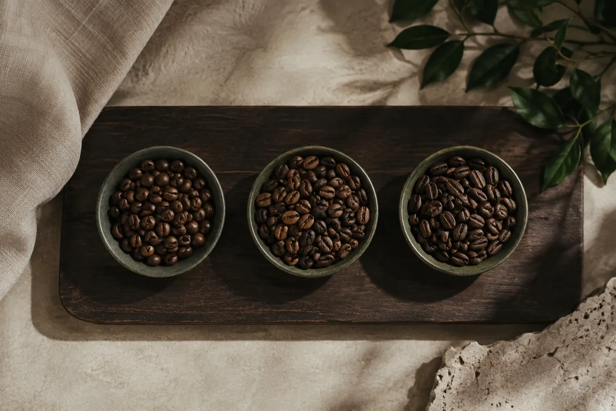 Two dishes of roasted beans side by side, one rounder and one longer, with a mixed dish between