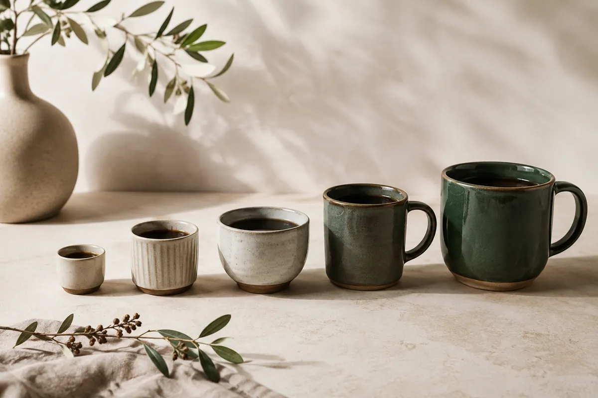 Five cups of different sizes in a row, from a small espresso cup to a large mug, on a pale surface
