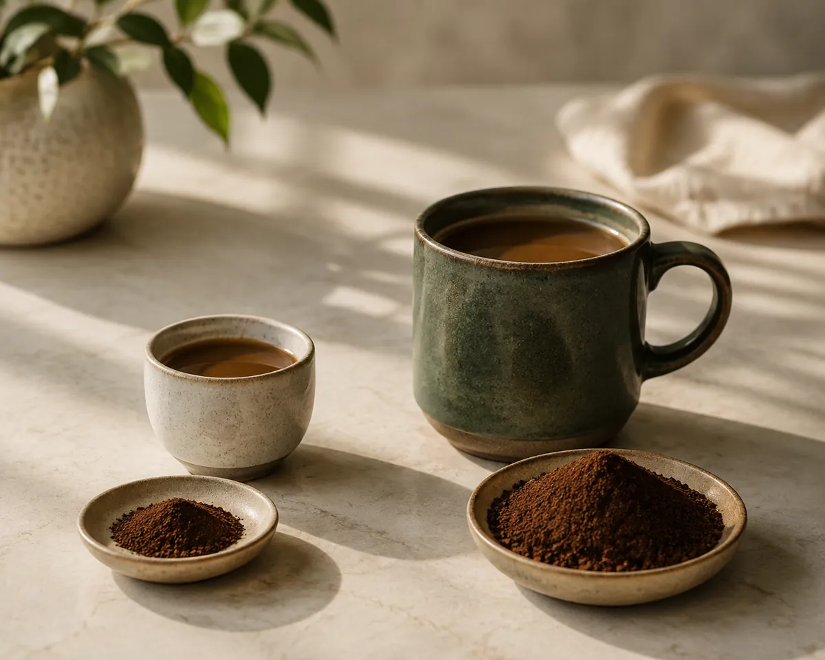 A small cup and a large mug of filter coffee side by side, each with a dish of dry grounds in front of it, the mug's dish holding noticeably more