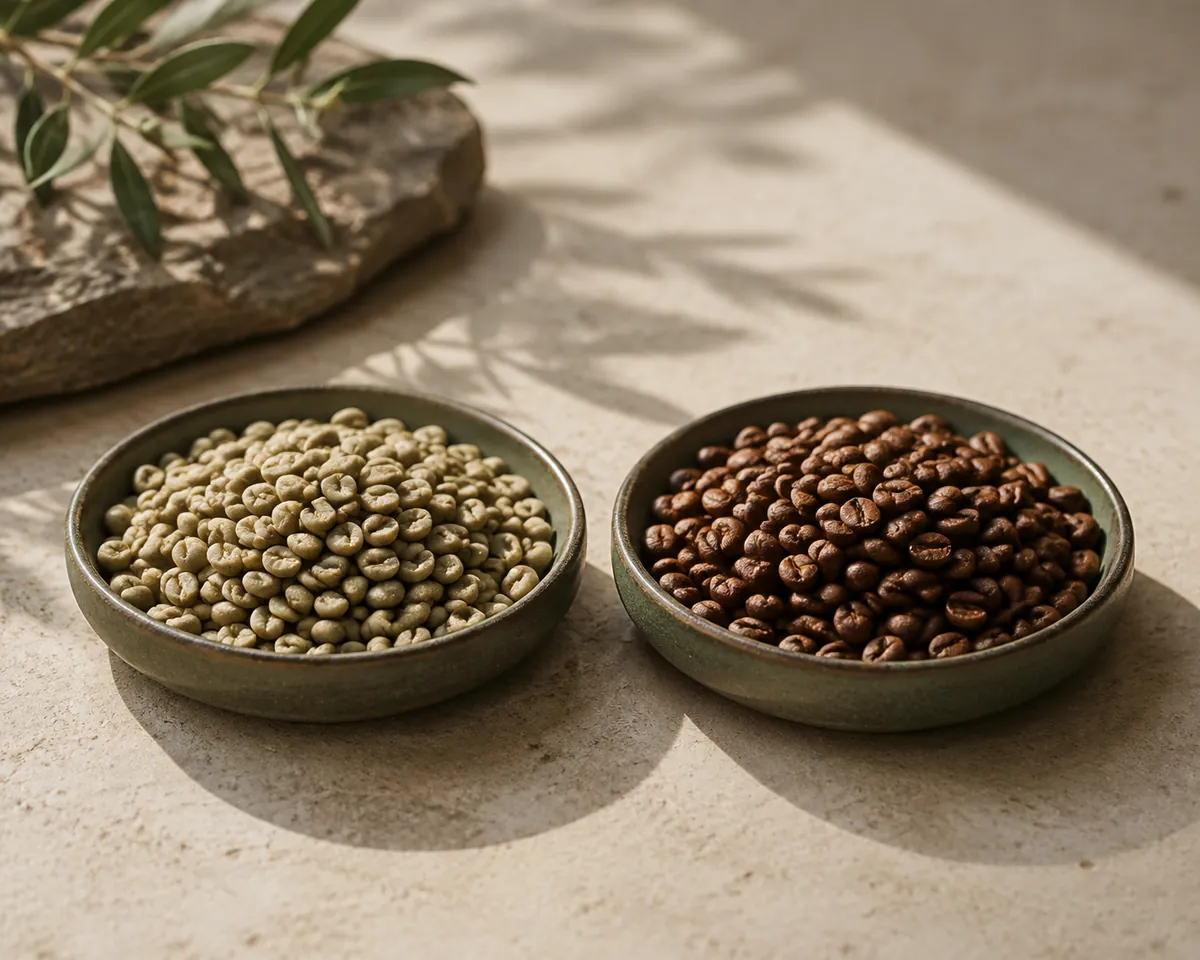 A dish of pale green unroasted coffee beans beside a dish of the same beans roasted brown, on a dark surface