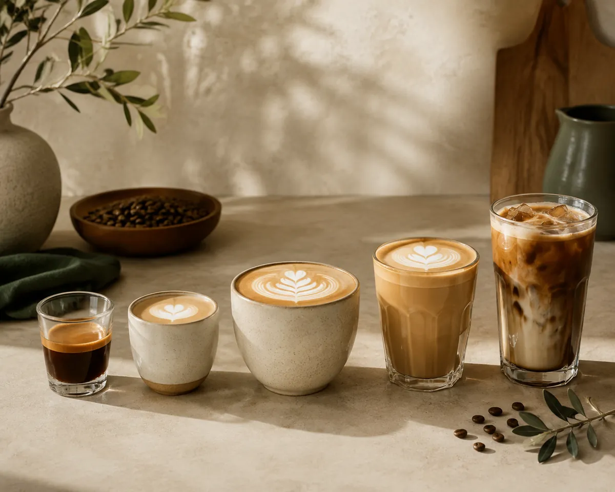 Five coffee drinks lined up from a small dark espresso to a tall milky glass