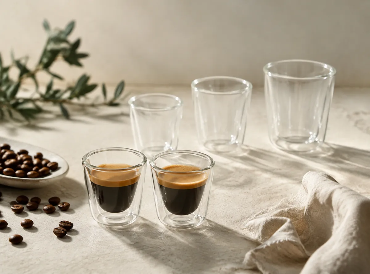 Three cups of different sizes standing behind two filled espresso shot glasses