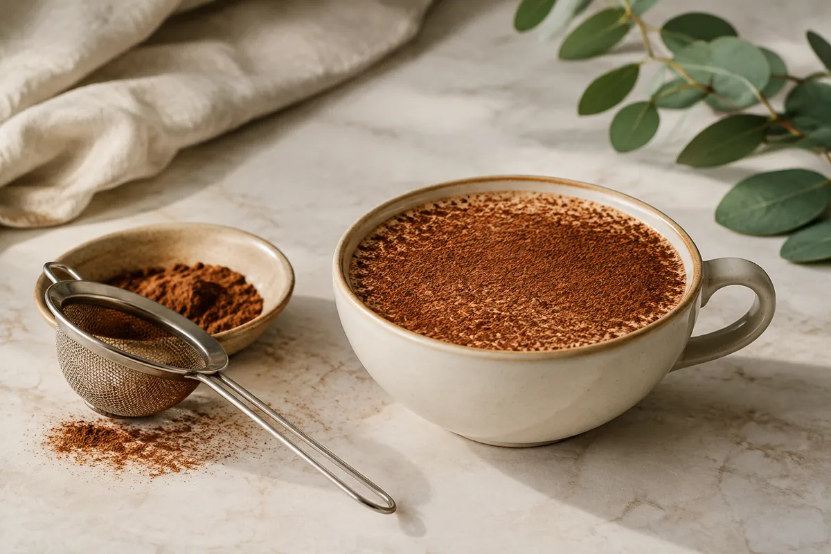 A wide cappuccino cup with a fine dusting of dark cocoa across the pale foam, a small mesh sieve and a dish of cocoa powder beside it