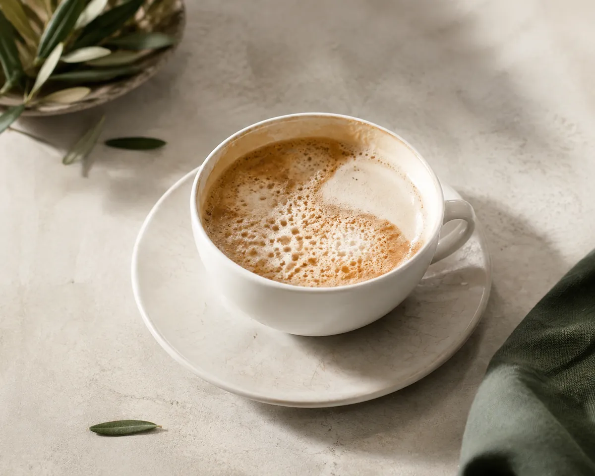 A wide cup of cappuccino with a sunken patchy foam surface showing large broken bubbles and a ring of bare milk at the rim
