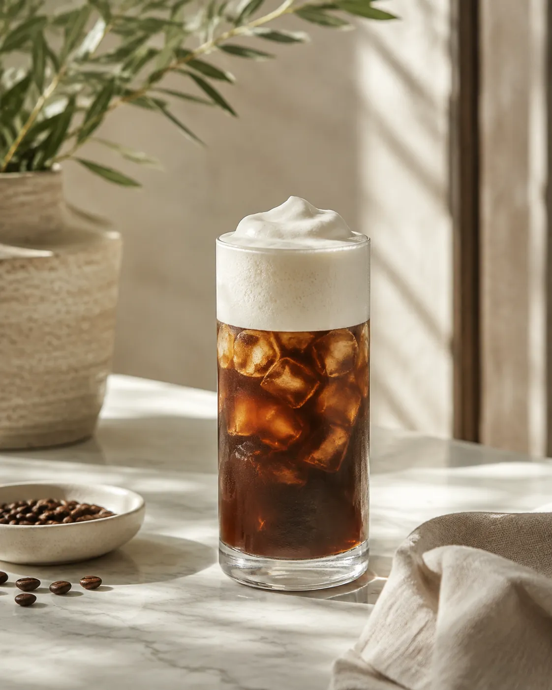 A tall glass packed with ice and dark coffee under a thick stiff white cold milk foam cap standing well proud of the rim