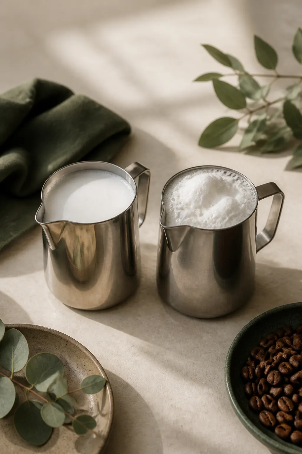 Two steel milk jugs side by side, the left holding glossy paint-like microfoam and the right holding stiff matt froth with visible large bubbles