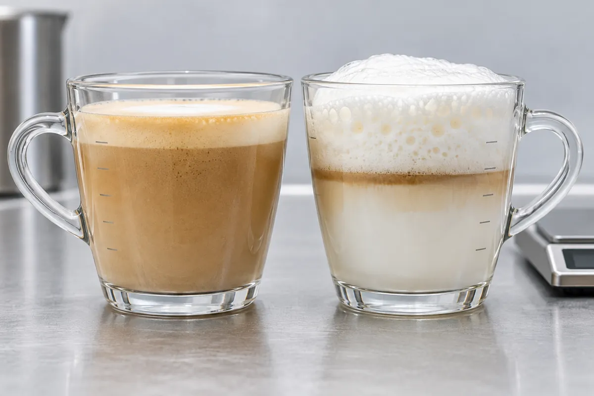 Clear cups compare integrated cappuccino microfoam with a tall dry cap over diluted liquid