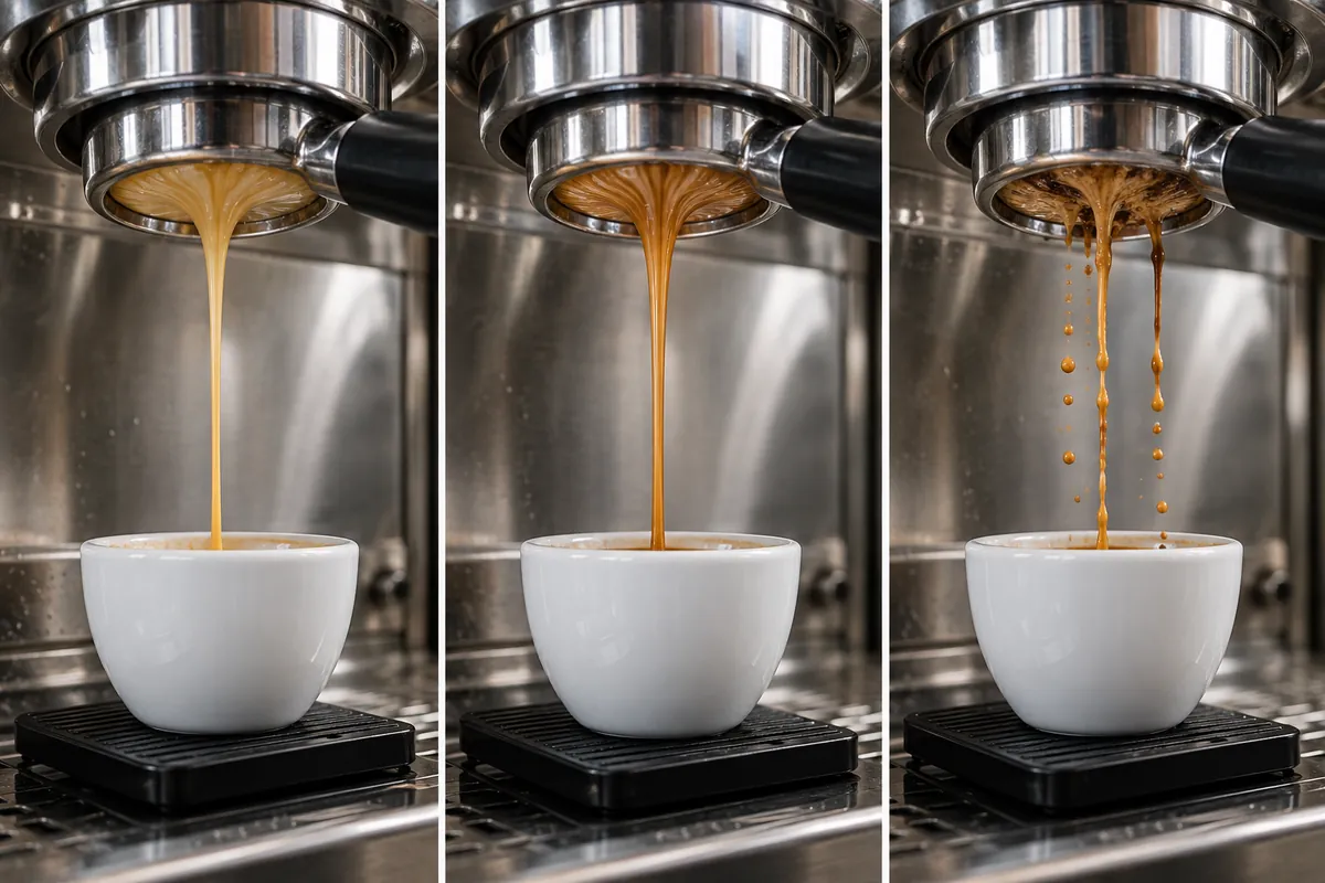 Three espresso streams show fast pale flow, a centered cohesive flow, and broken channelled flow