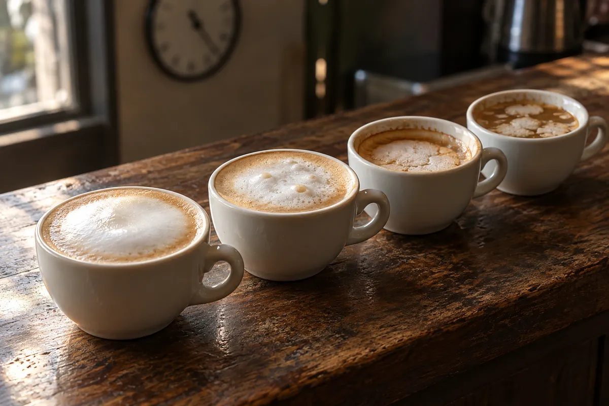 Four cappuccinos show foam changing from a glossy pour to dry separated islands