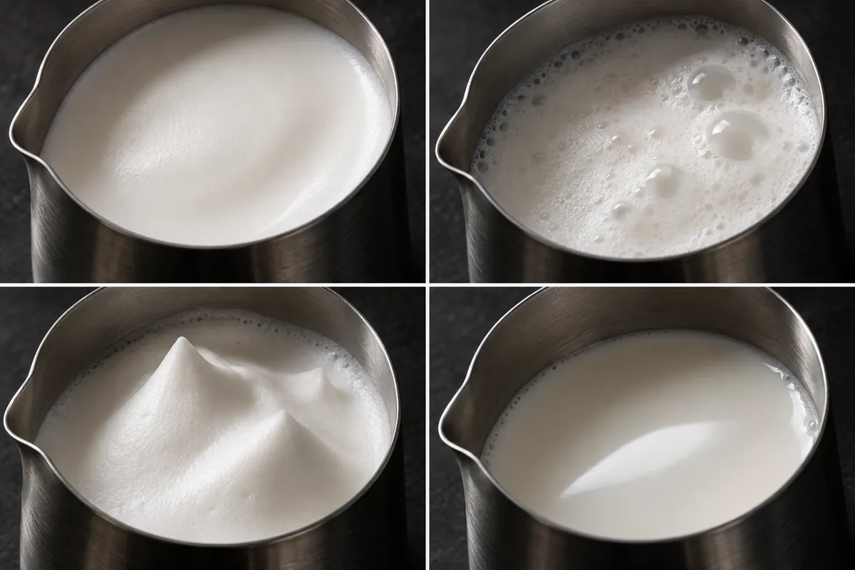 Four pitchers show glossy microfoam, large bubbles, stiff foam, and thin hot milk
