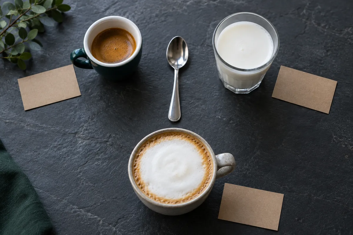 Three labeled tasting samples hold espresso, steamed milk, and an assembled cappuccino