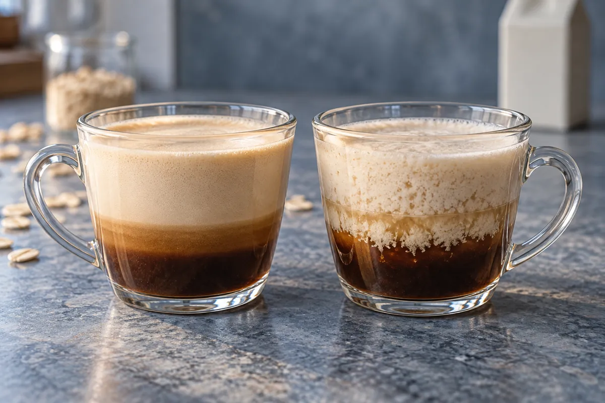 A smooth oat cappuccino sits beside a plant drink with fine curds and a watery edge