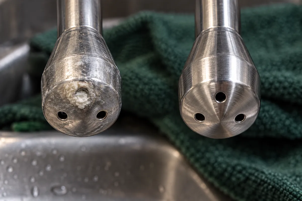 A milk-blocked steam-tip hole is shown beside a clean polished reference tip
