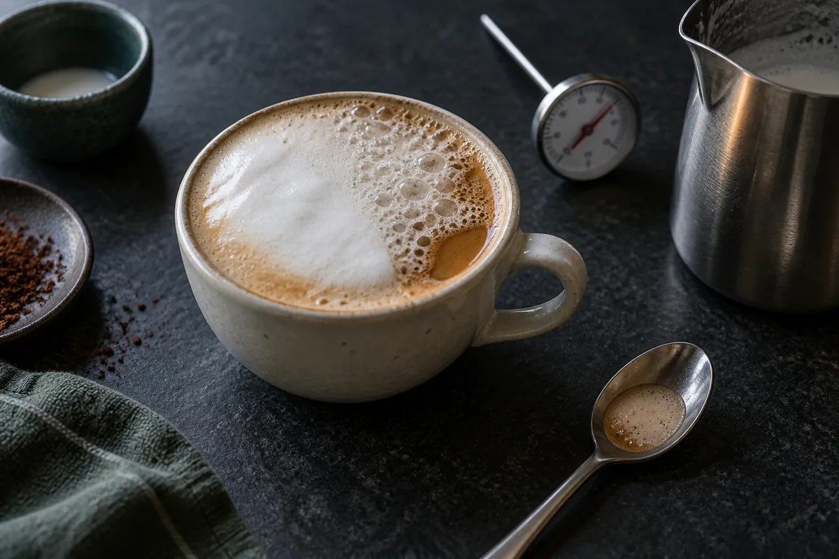 A flawed cappuccino with uneven foam beside a tasting spoon, milk thermometer, and stainless pitcher on a dark slate bench