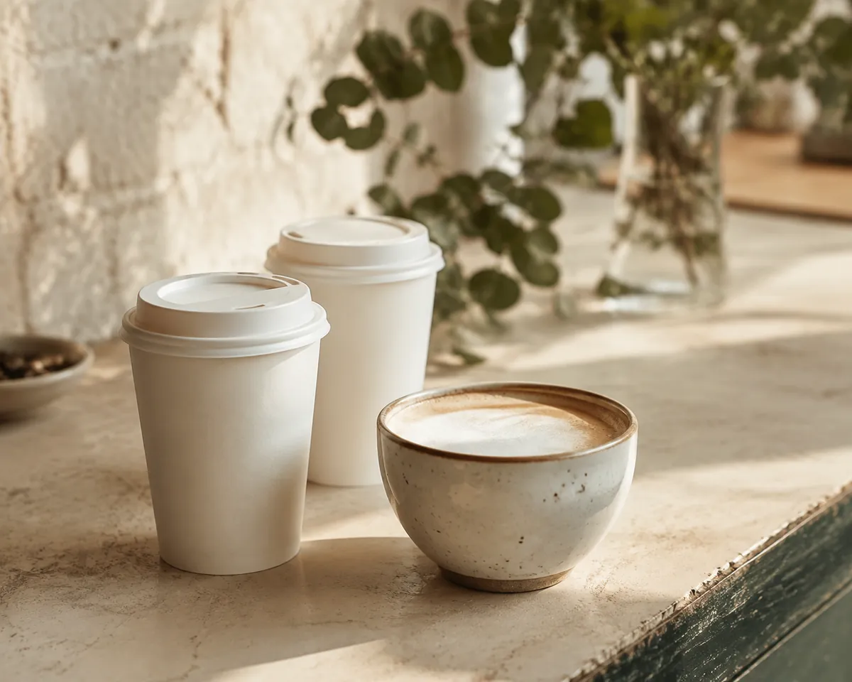 Two takeaway cups with plain unmarked lids standing beside a wide ceramic cup on a cafe counter