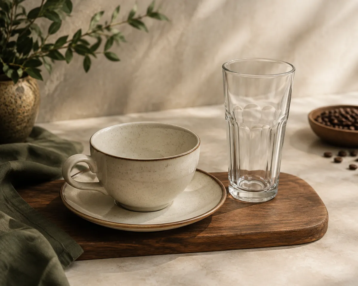 An empty wide ceramic cappuccino cup beside an empty tall latte glass on a wooden counter, seen from slightly above
