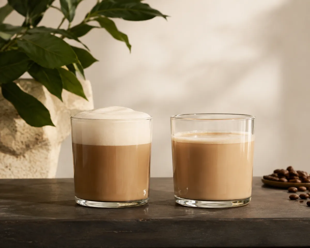 Two clear glass cups photographed from the side, the left showing a thick pale foam cap and the right a thin line of foam over milky coffee