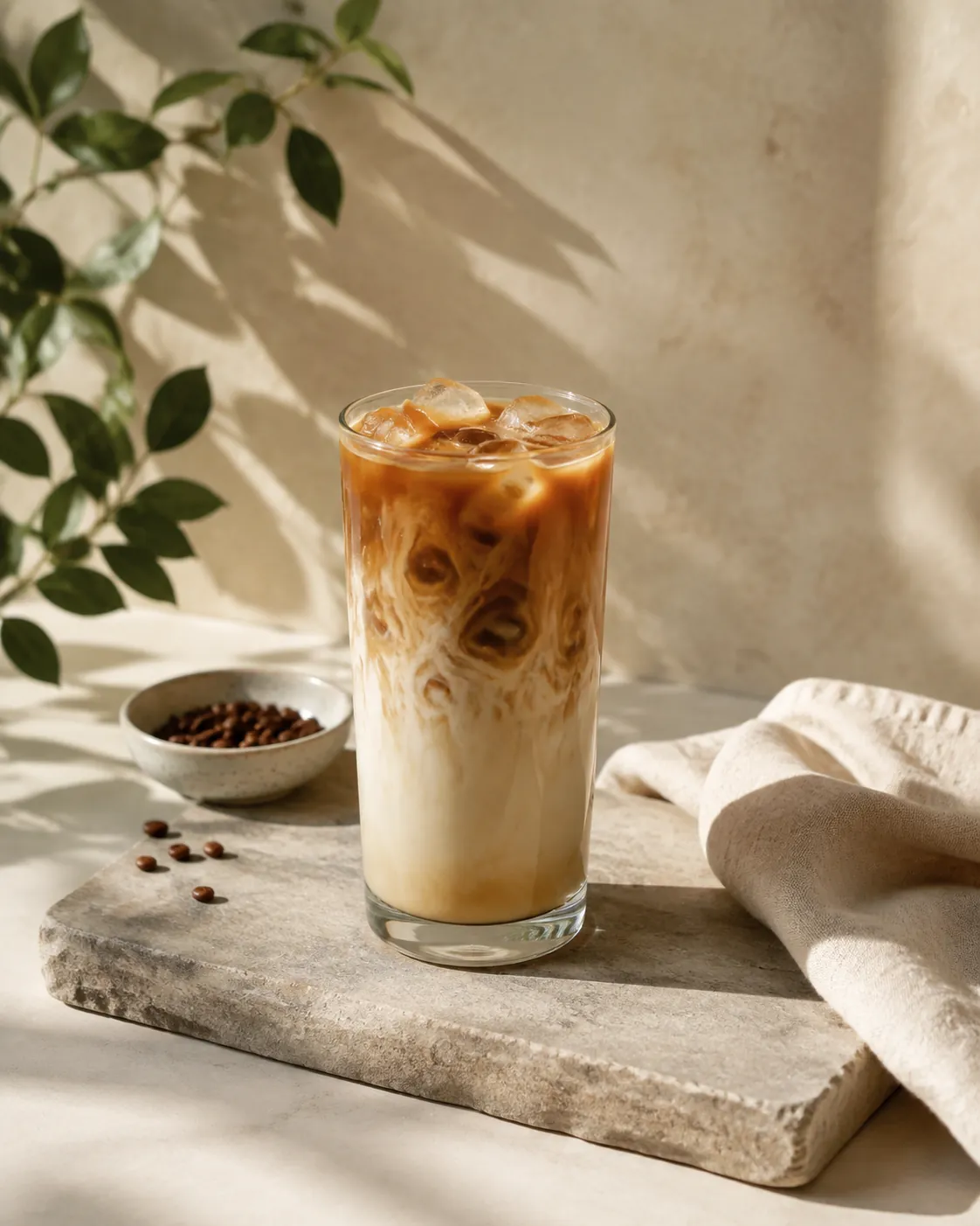 A tall glass of iced milky coffee with visible layers and ice cubes, standing on a stone slab in daylight