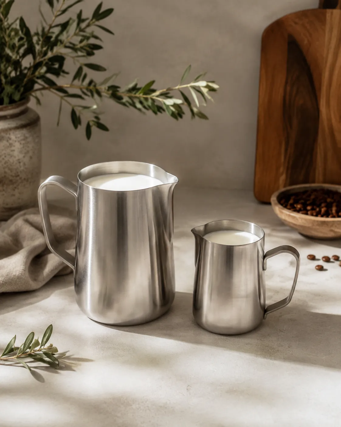 Two steel milk jugs of different sizes standing on a bench, the larger one holding roughly twice the volume of glossy milk