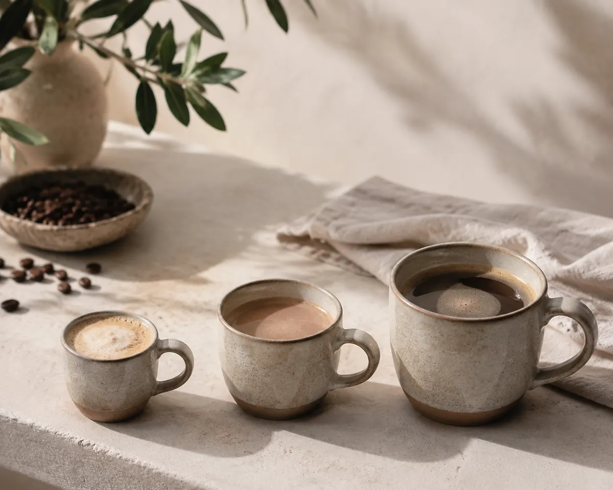 Three coffee cups of increasing size in a row on a pale bench, the foam layer thinning from left to right