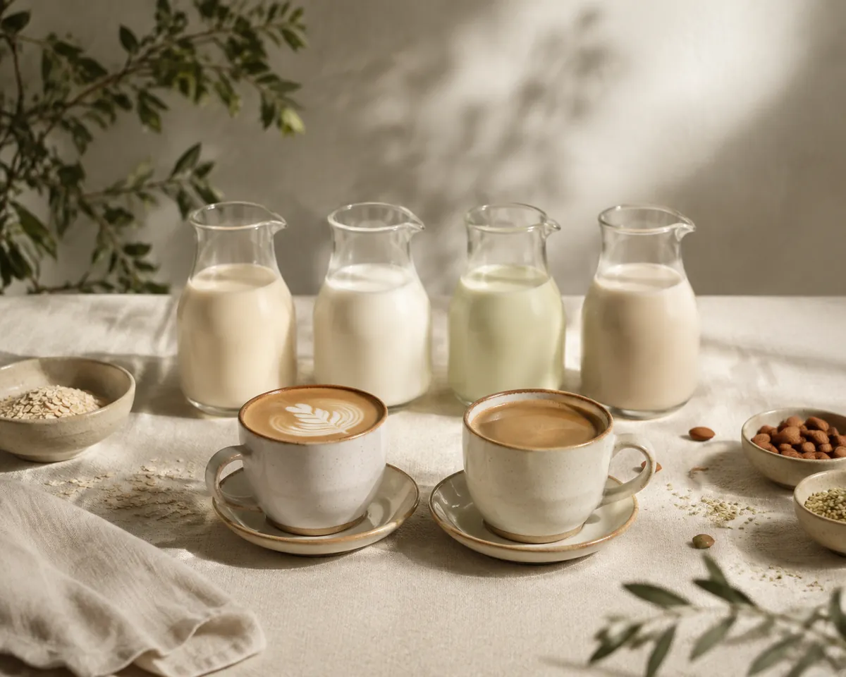 Four small jugs of different pale plant drinks standing behind two filled coffee cups on a linen cloth