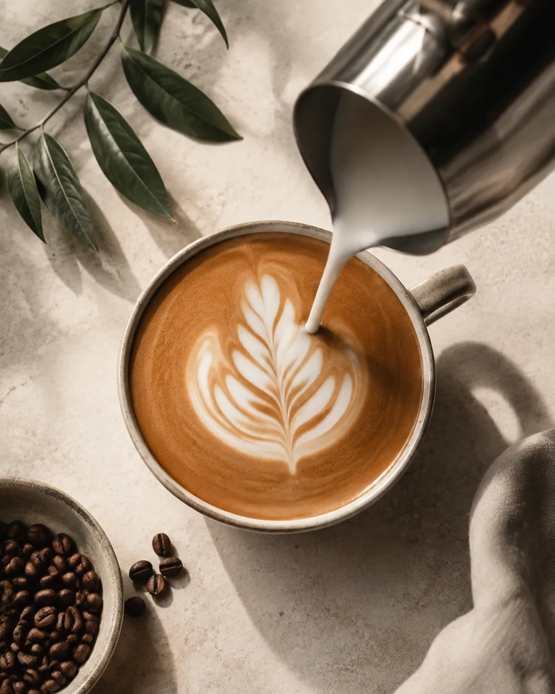 A steel jug pouring a leaf pattern into a wide cup of coffee, the surface glossy and even