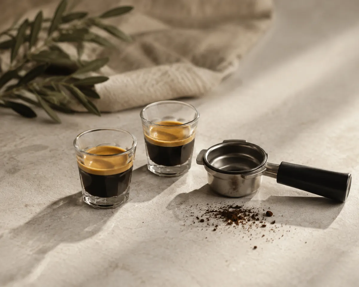 Two small espresso shots standing in a row beside an empty portafilter basket on a dark counter