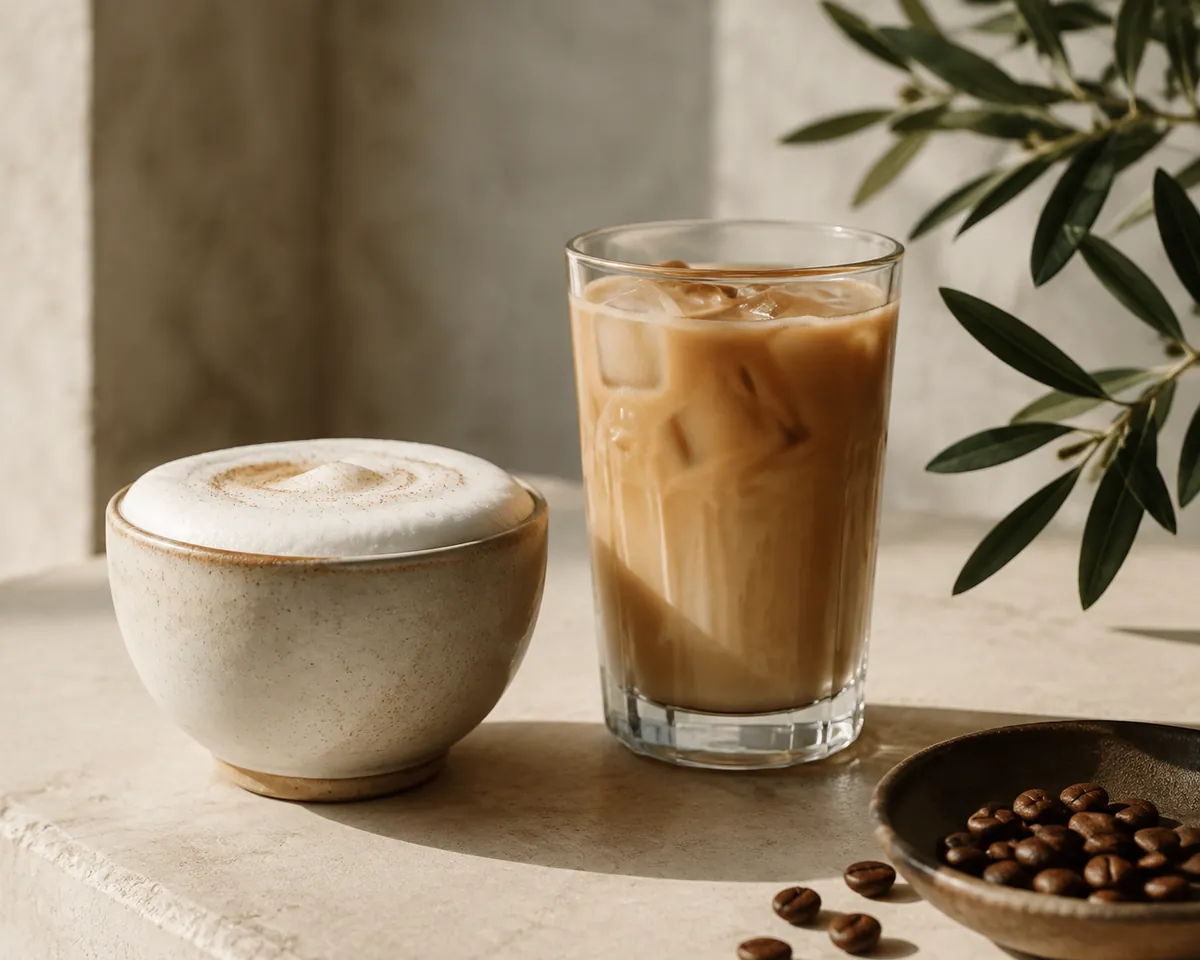 A wide short cappuccino cup and a tall latte glass standing side by side on a pale bench, both freshly poured