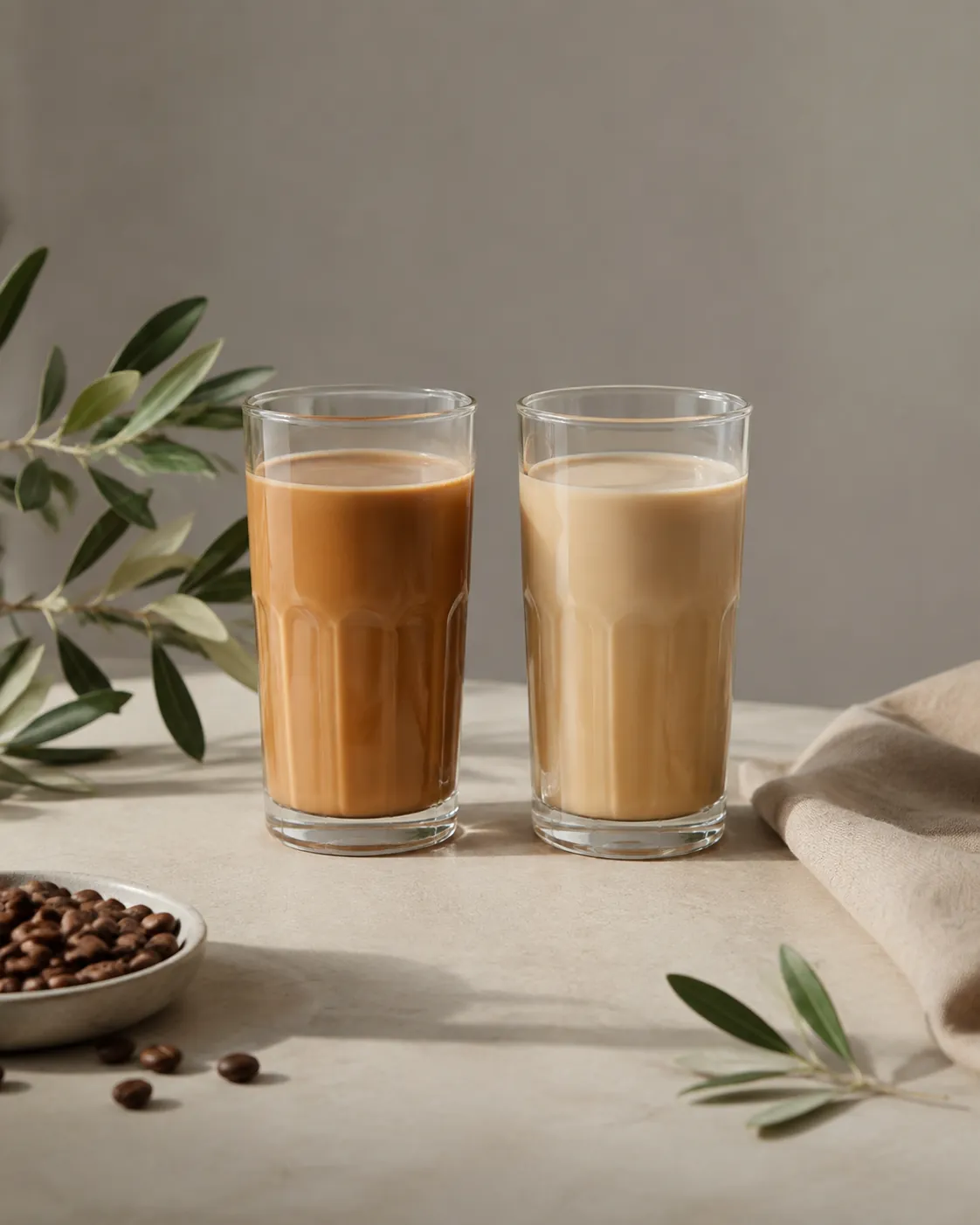 Two glasses of milky coffee side by side, the left noticeably darker in colour than the right, against a plain background