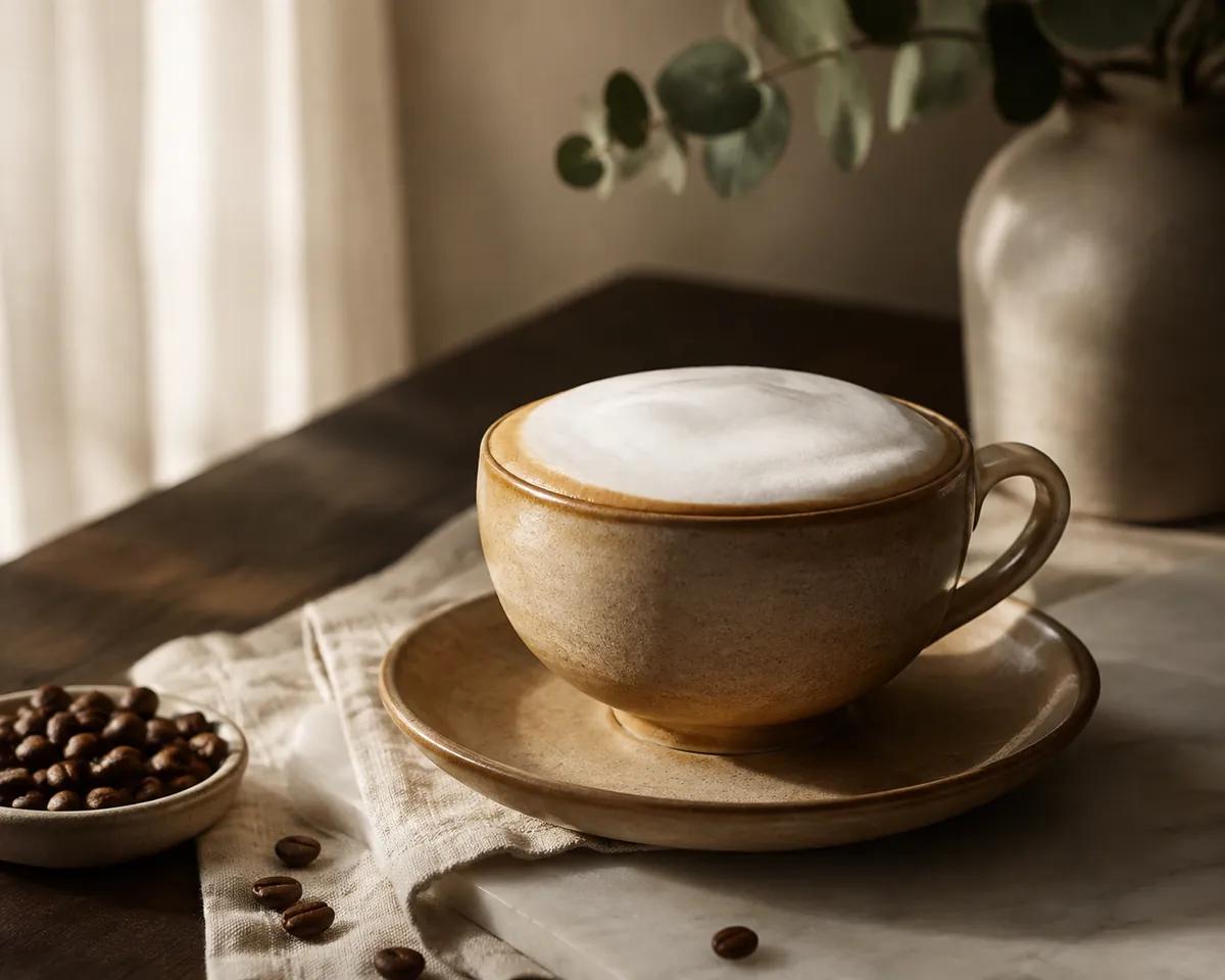 A cappuccino in a wide ceramic cup with a thick foam cap