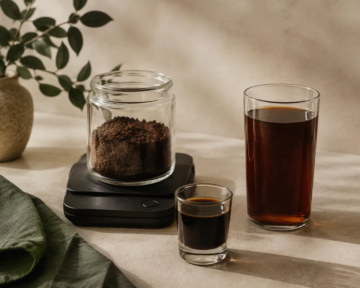 A jar of coarse coffee grounds on a kitchen scale beside a small glass of dark concentrate and a tall glass of diluted coffee