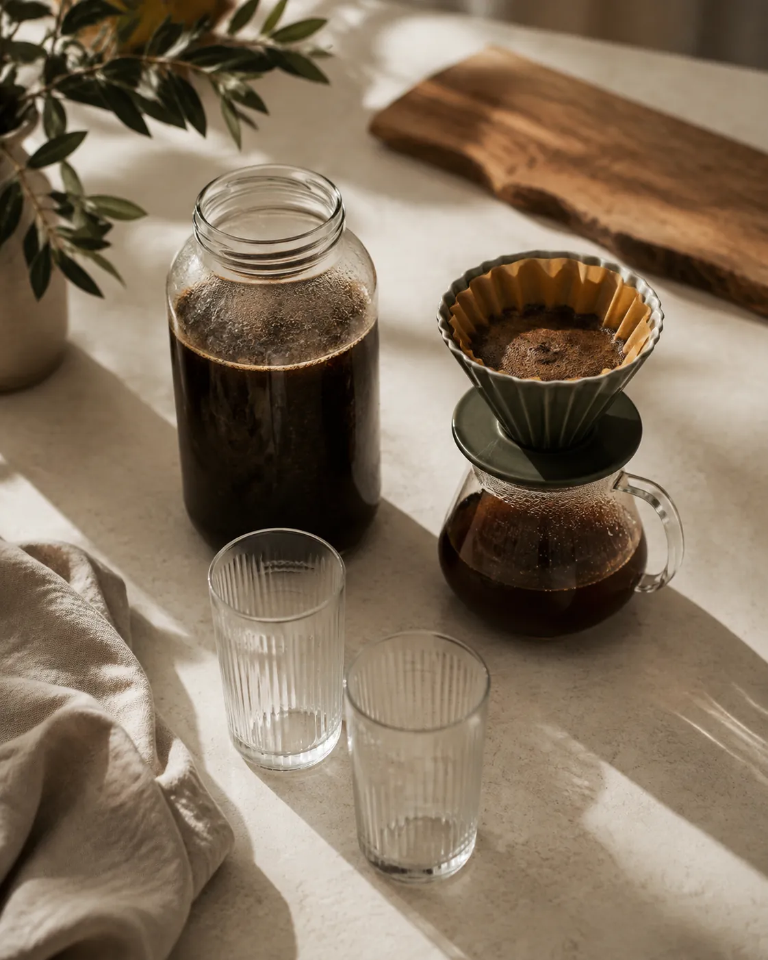 A large jar of steeping coffee, a filter cone on a carafe and two empty glasses arranged together on a wooden counter