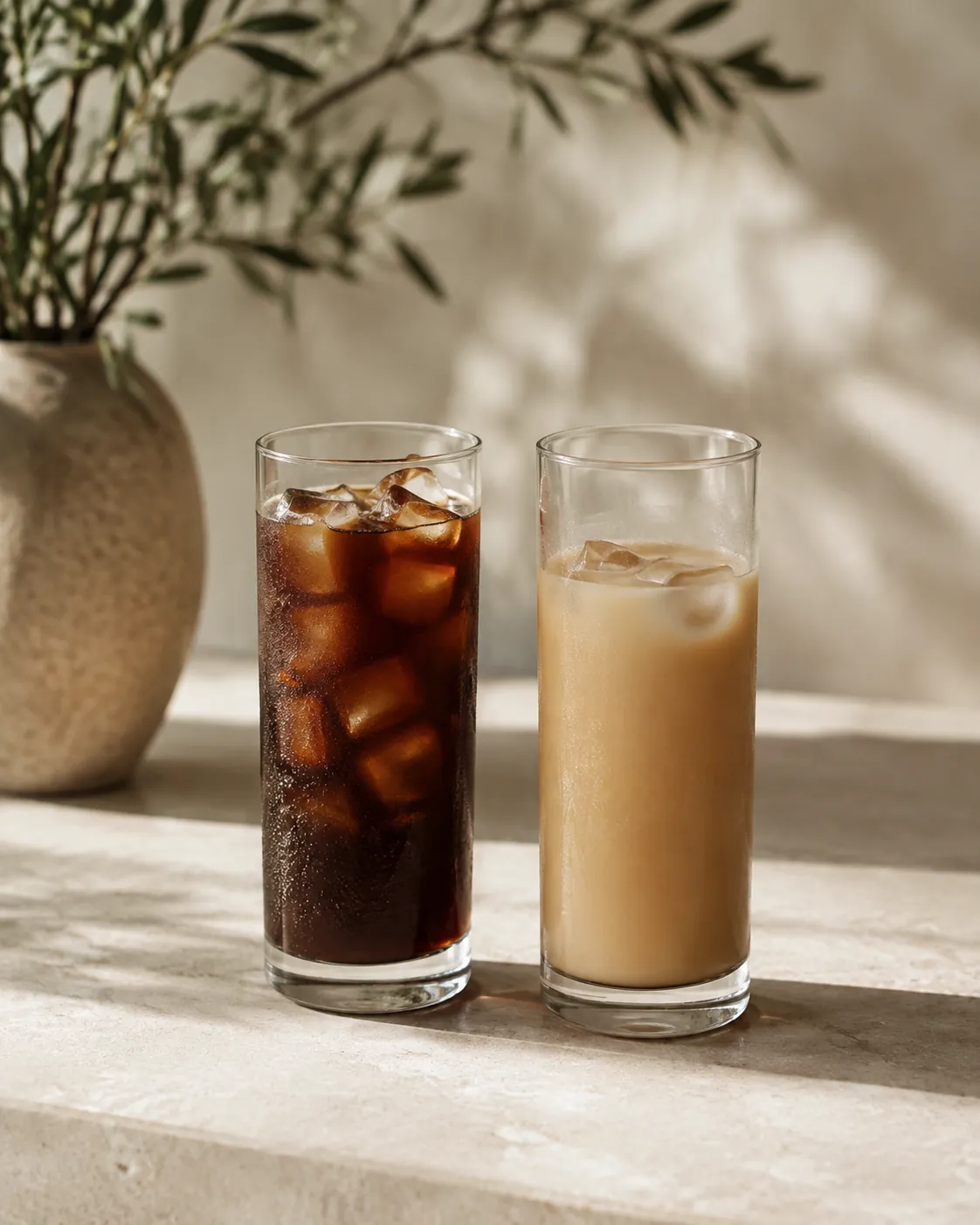 Two identical glasses of iced coffee side by side, the left dark and packed with cubes, the right pale and watery with two half-melted ones