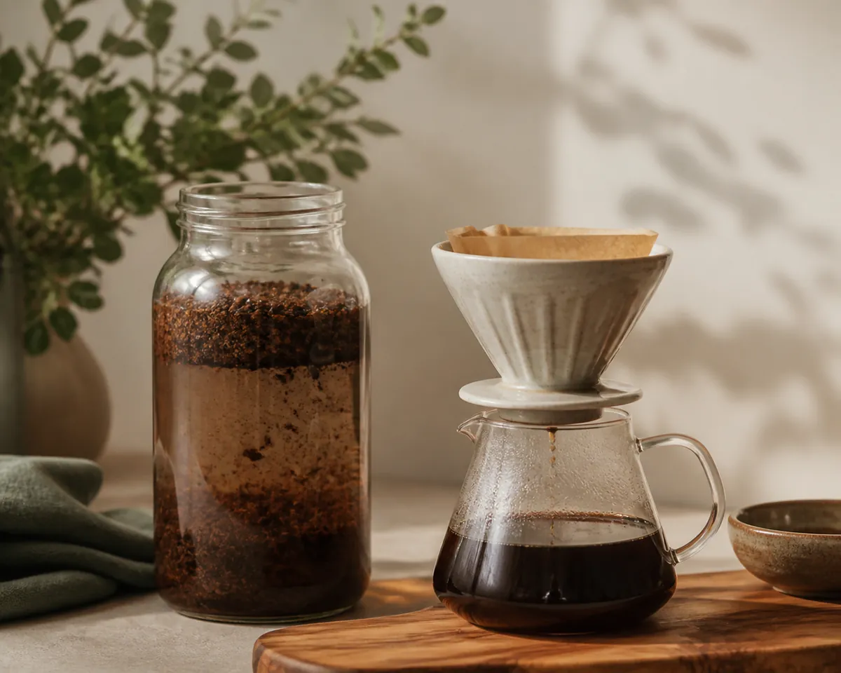 A glass jar of coarse grounds steeping in cold water beside a filter cone with hot coffee dripping into a carafe