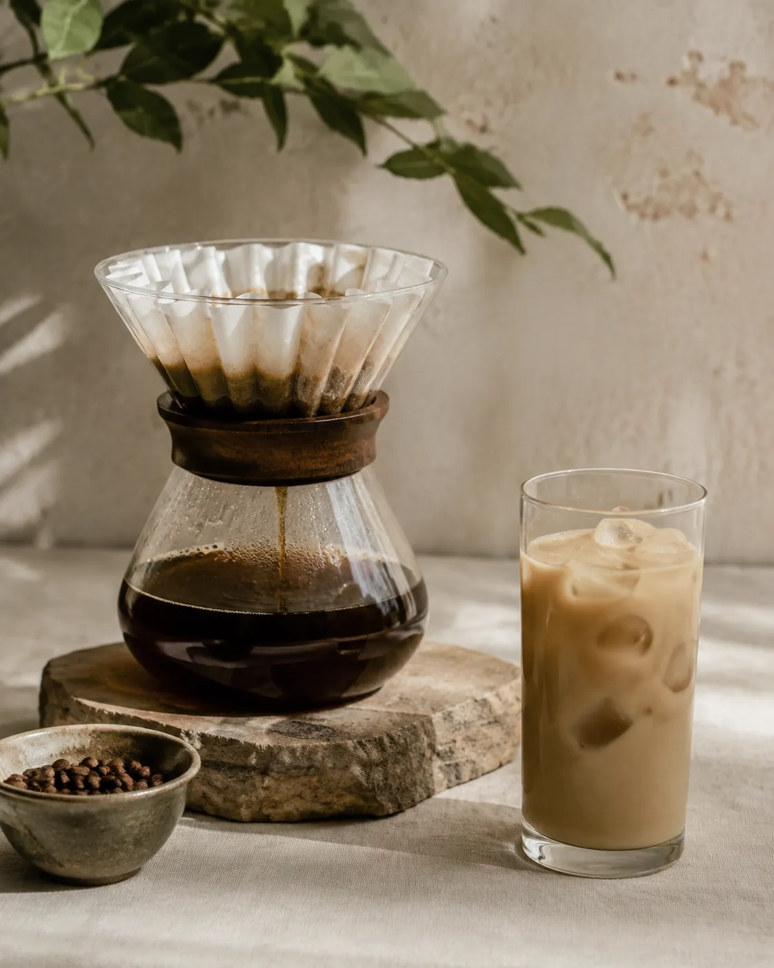Dark coffee dripping through a paper filter into a carafe beside a glass of watery pale iced coffee with melting cubes