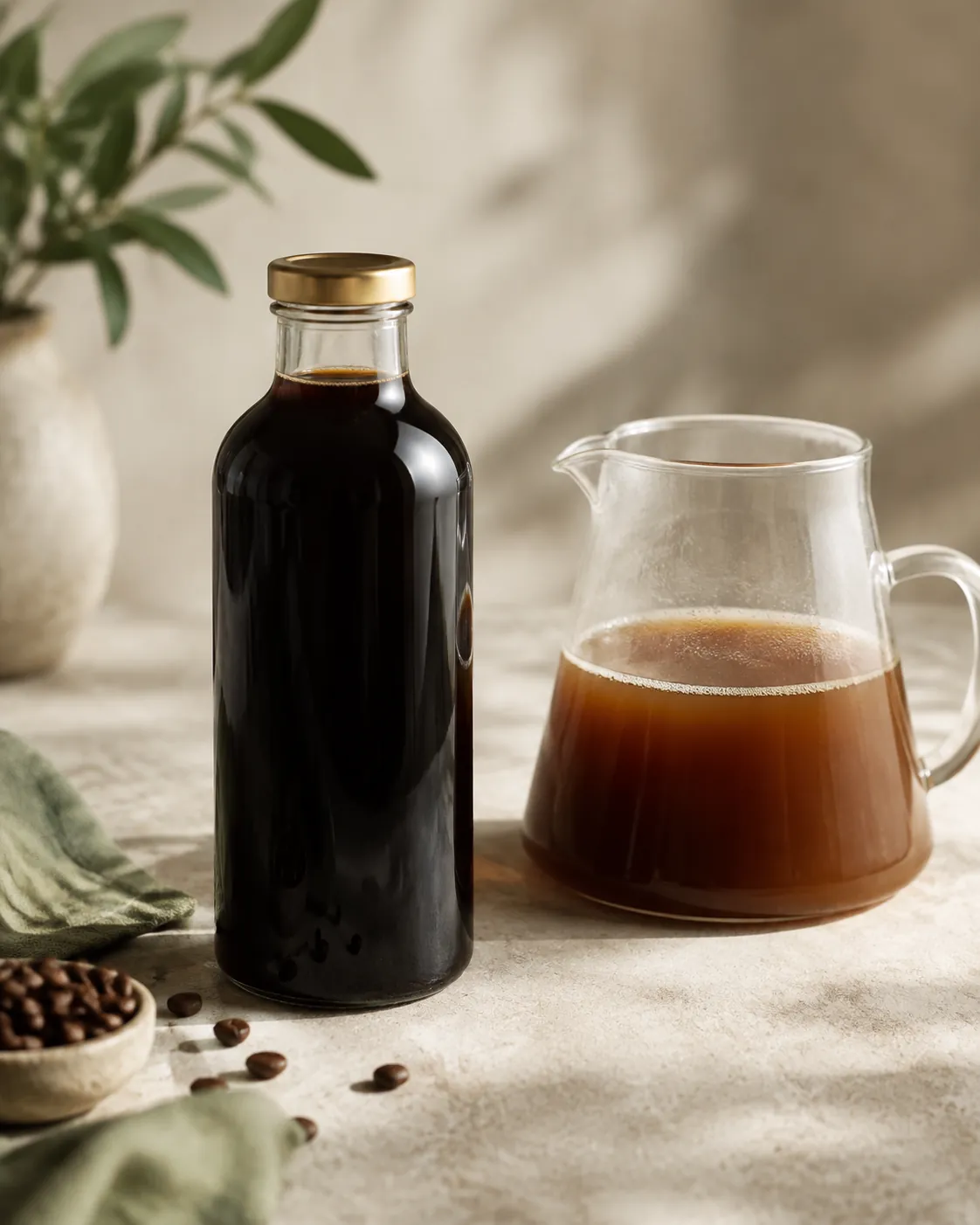 A sealed glass bottle of dark concentrate and an open jug of pale coffee standing together on a refrigerator shelf