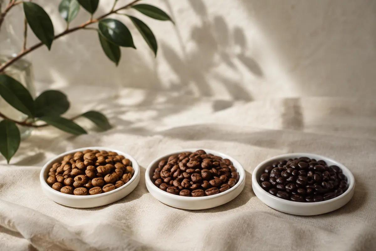 Three small dishes of whole coffee beans in a row, pale cinnamon brown, mid brown, and dark and oily