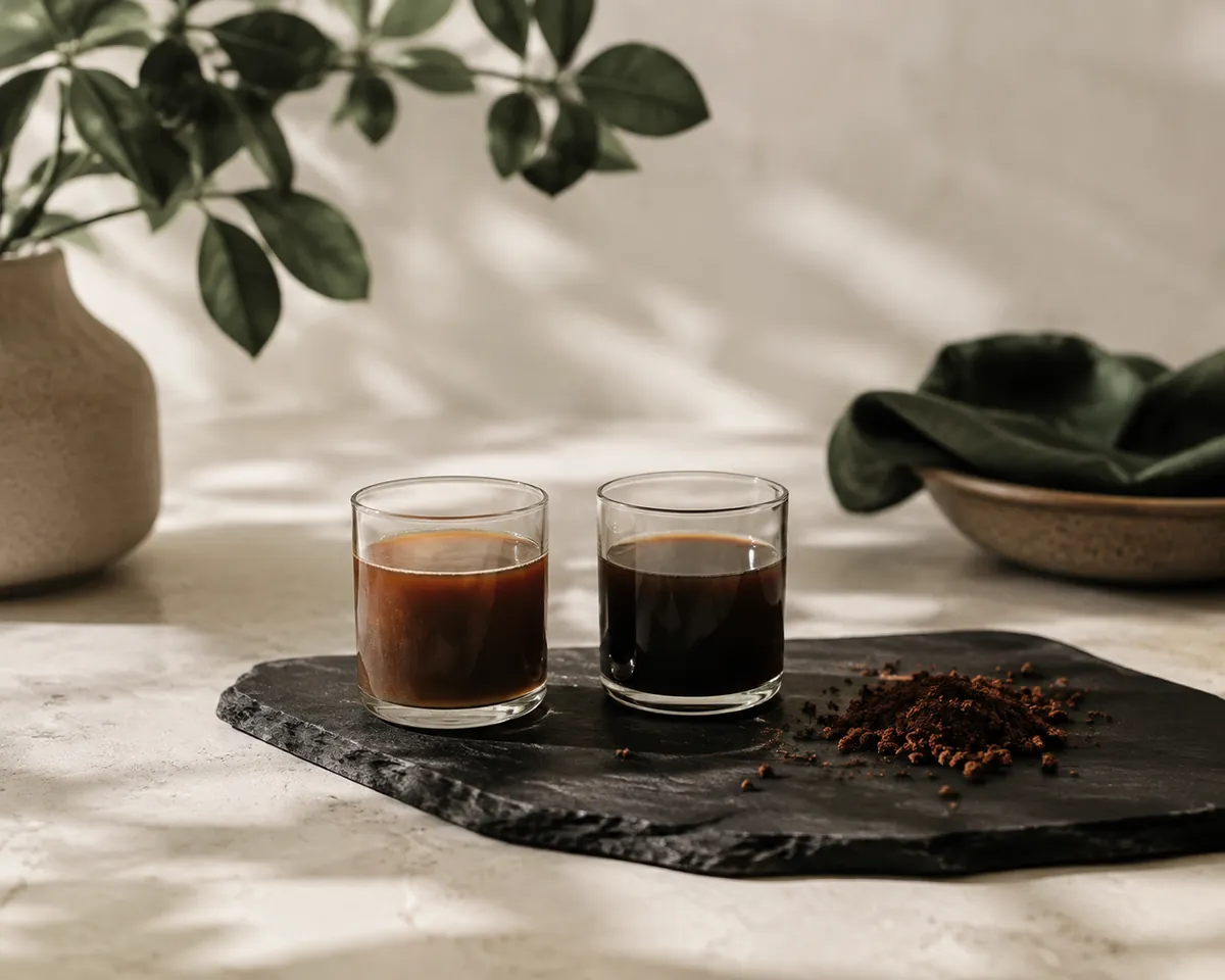 Two small tasting glasses of dark coffee on a slate slab, one paler and cloudier than the other, with a scatter of coarse grounds beside them
