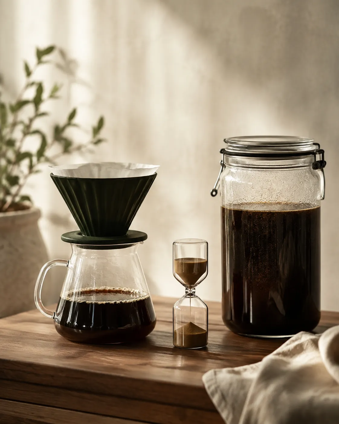 An hourglass standing between a filter cone on a carafe and a large sealed jar of steeping coffee on a wooden counter