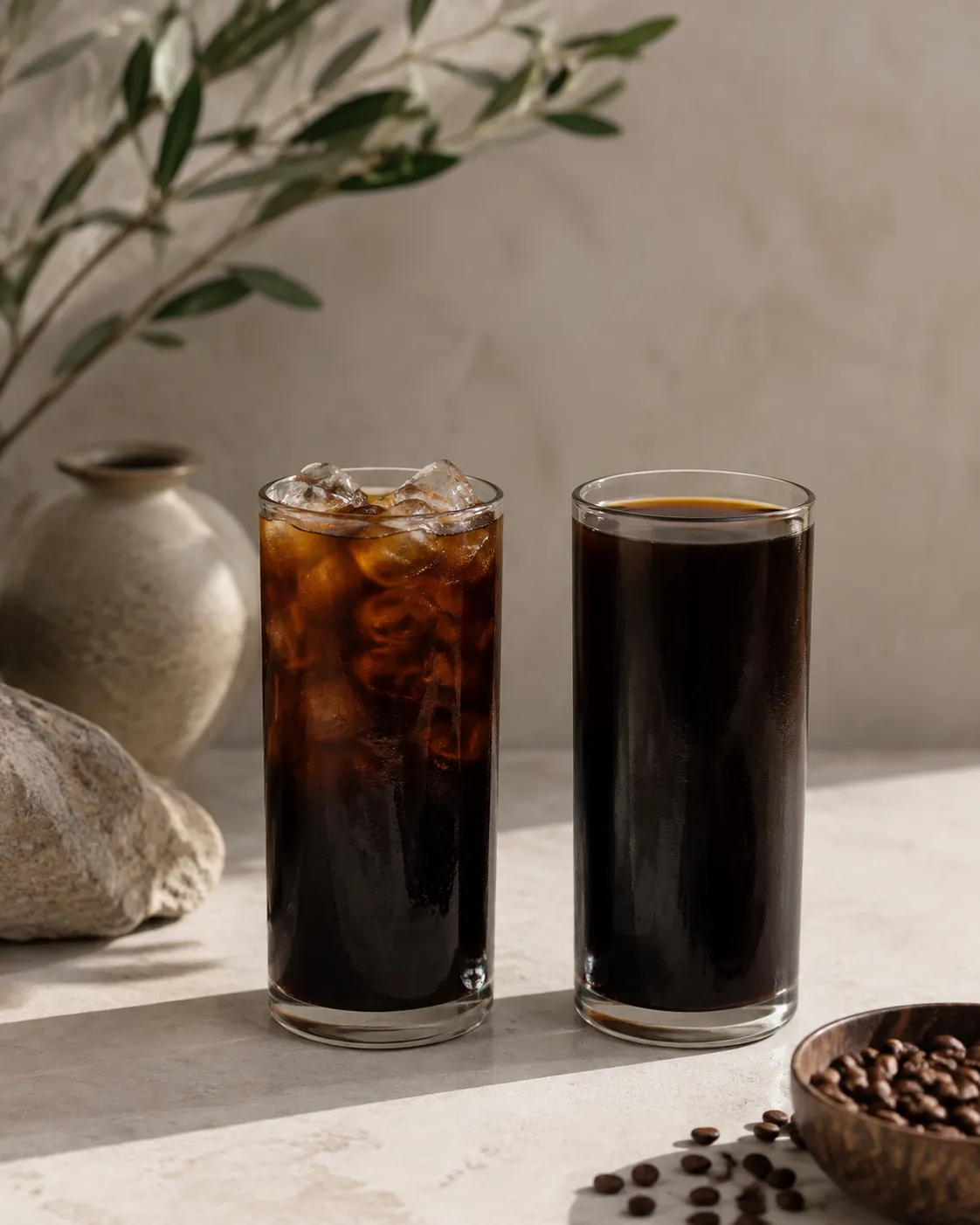 Two tall glasses of black coffee side by side on a pale bench, the left one packed with clear ice cubes and the right one darker and still