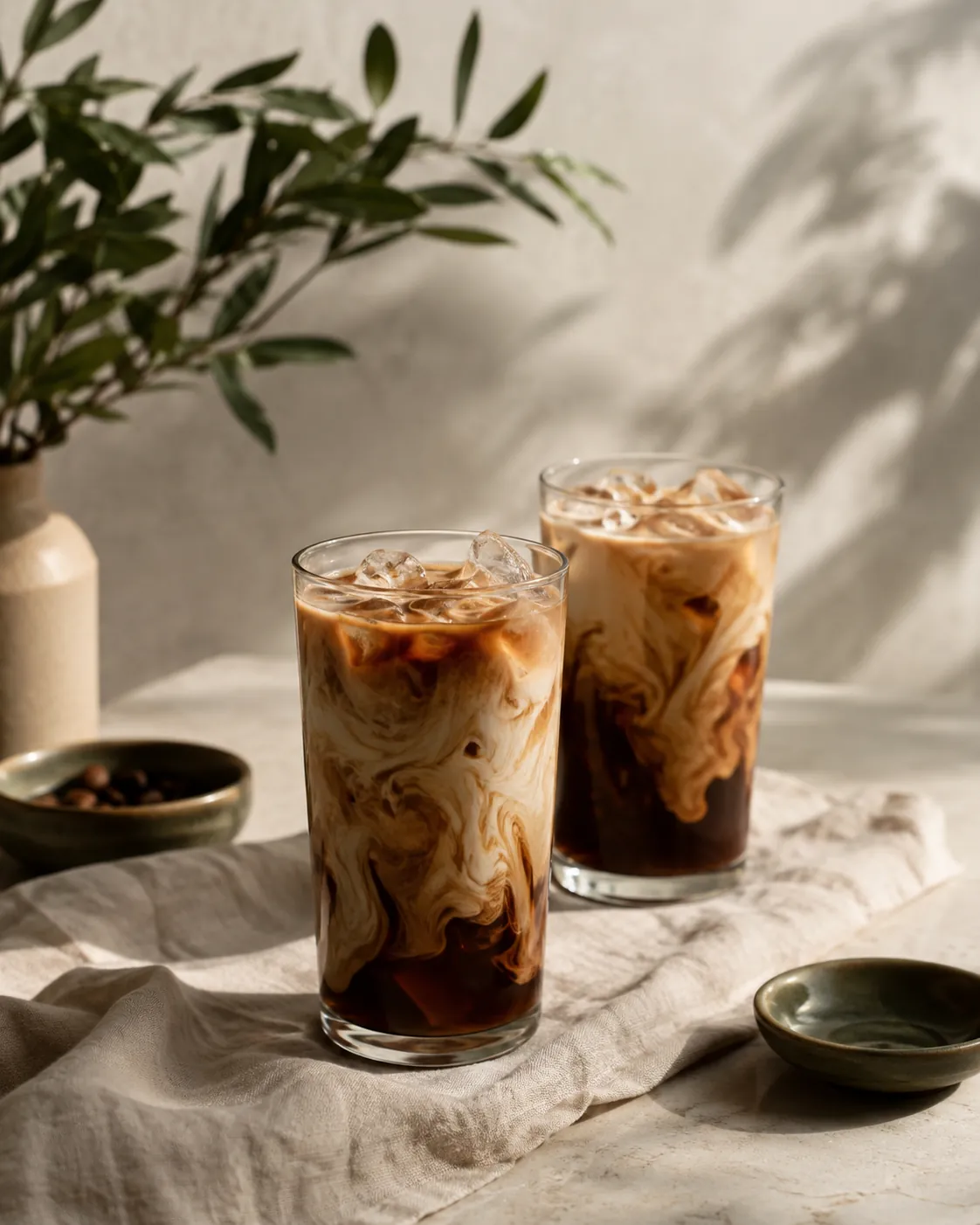 Two tall glasses of iced coffee with milk poured through them, the pale swirls still separating, on a linen cloth