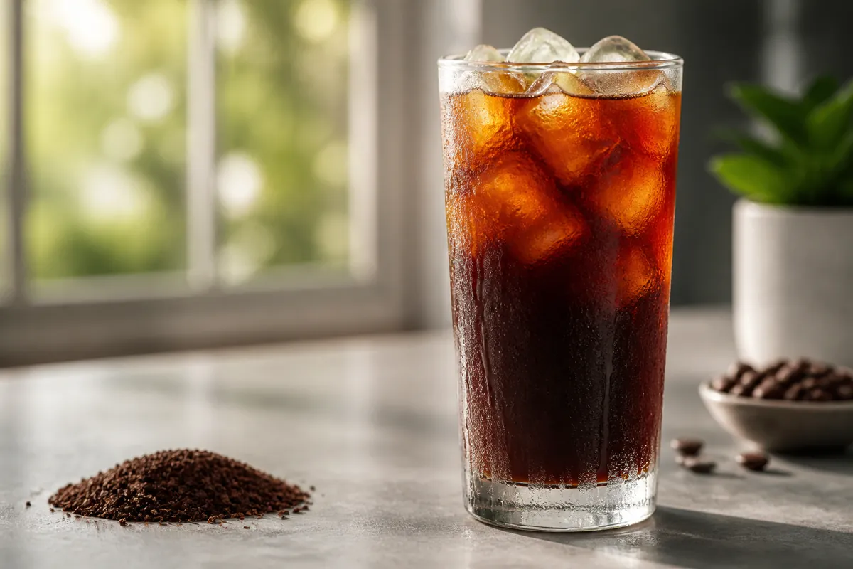 A glass jar of dark cold brew concentrate beside coarse coffee grounds