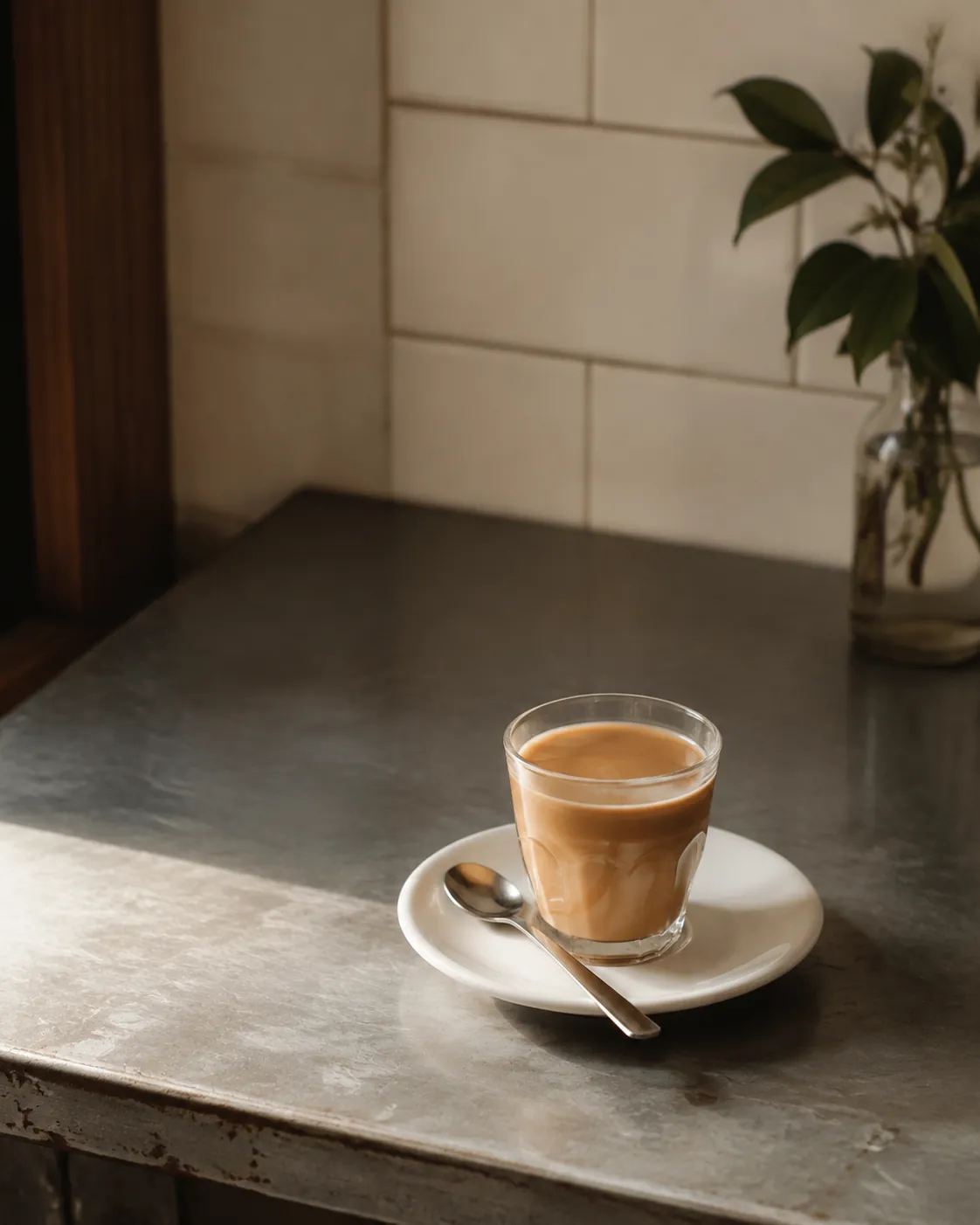 A small glass of coffee cut with milk standing on a saucer on a zinc bar counter with a teaspoon beside it