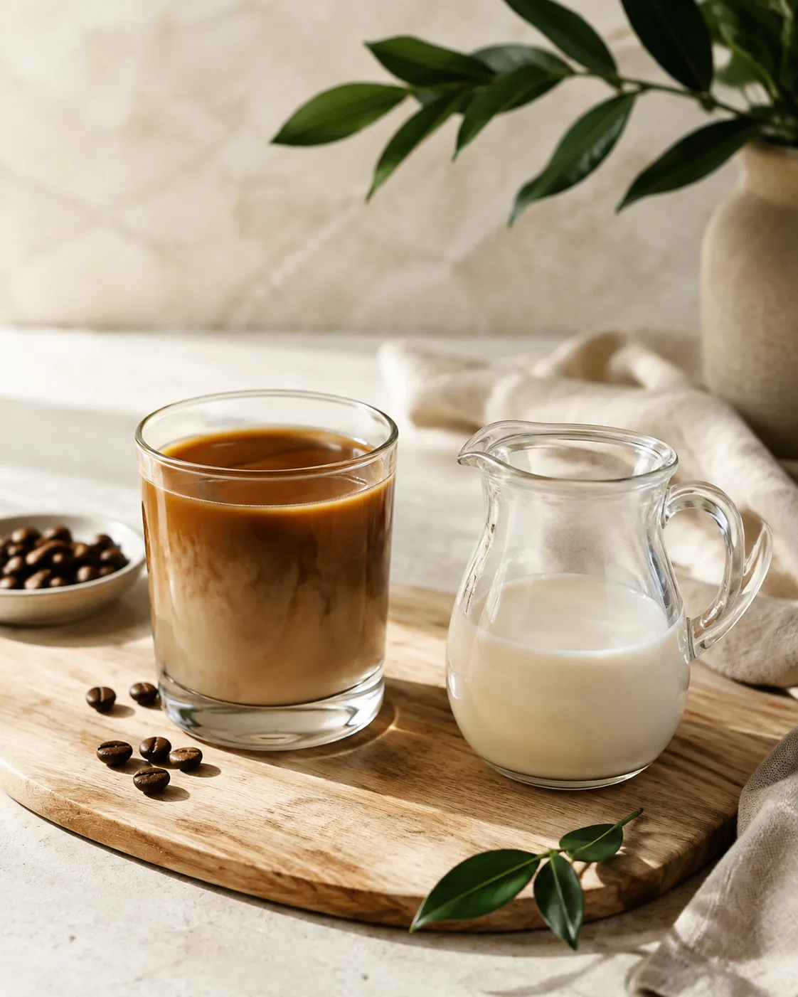 A small glass of coffee cut with pale plant milk beside a clear jug holding the same milk