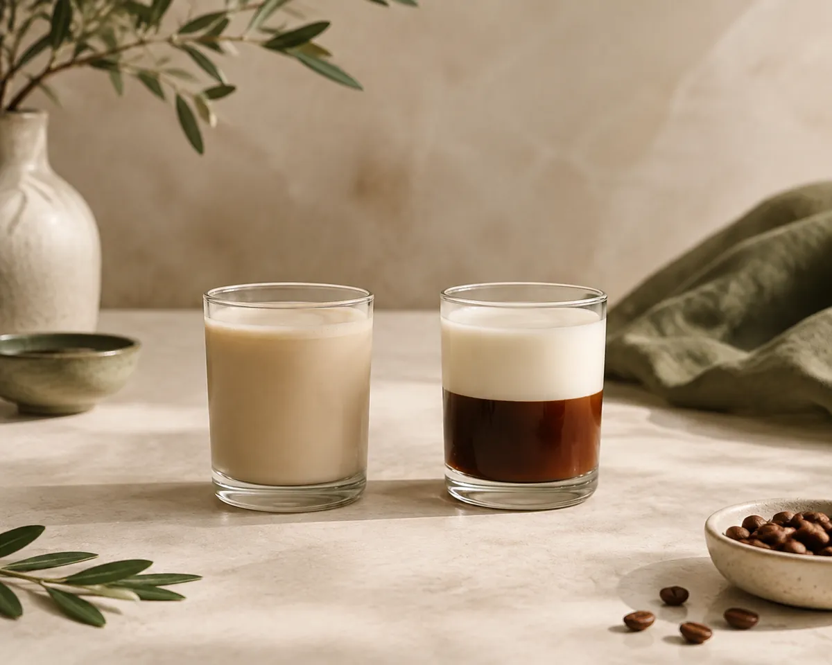 Two small glasses side by side, the left very pale and milky, the right dark with a hard line between coffee and milk