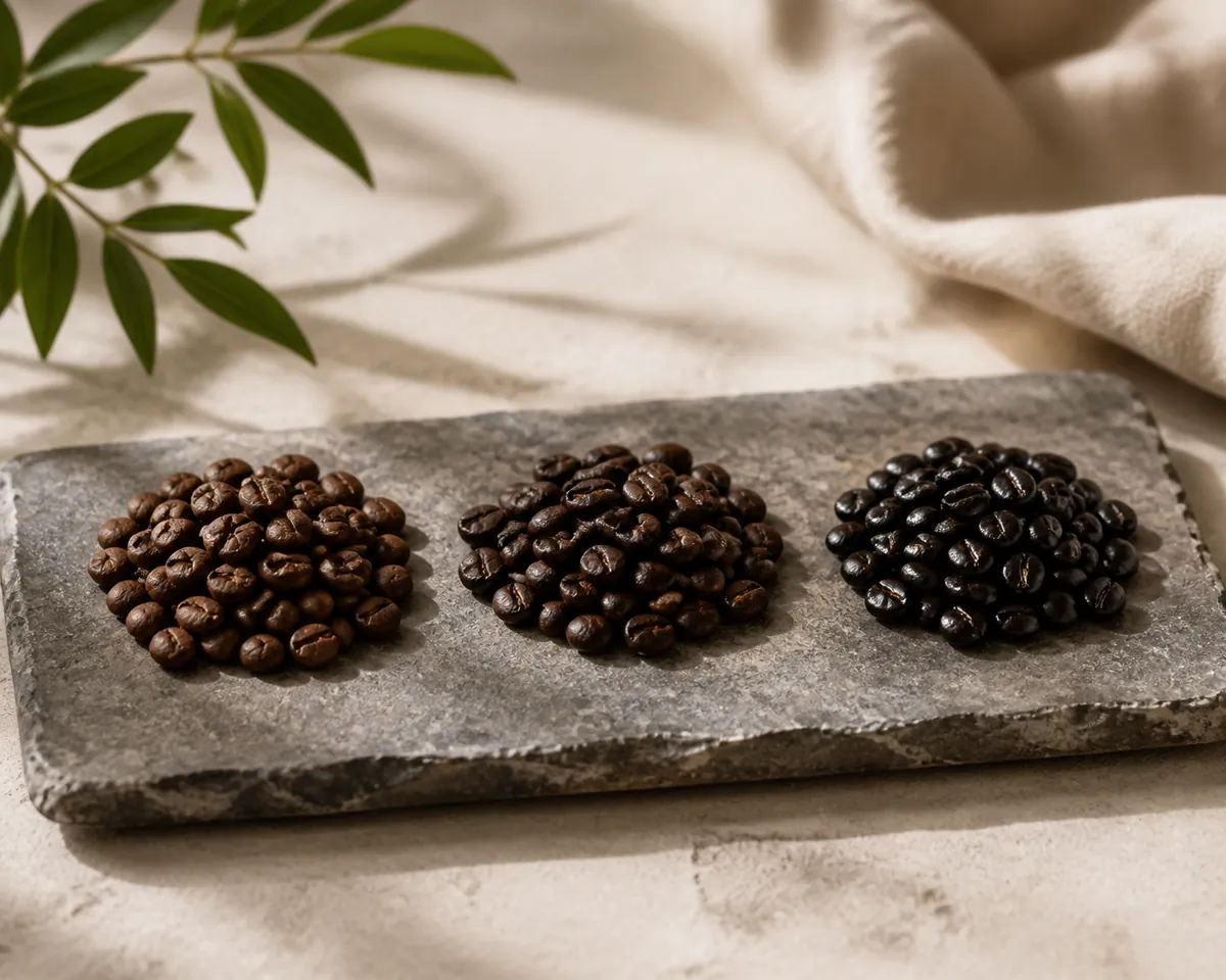 Three small heaps of roasted coffee beans on grey stone, running from medium brown to almost black and glossy
