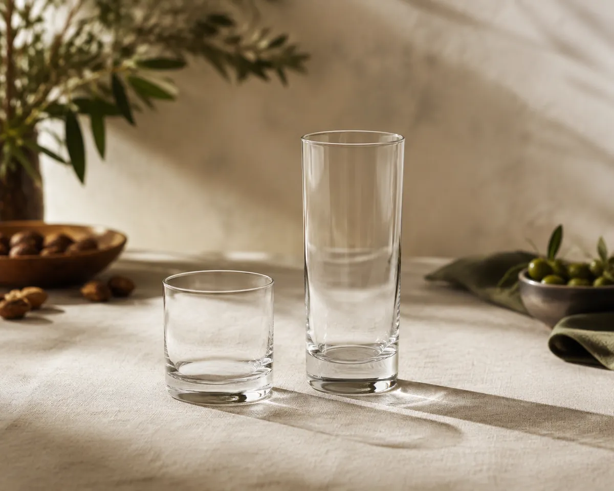 Two empty straight-sided glasses side by side on a wooden bar, one squat and small, the other taller